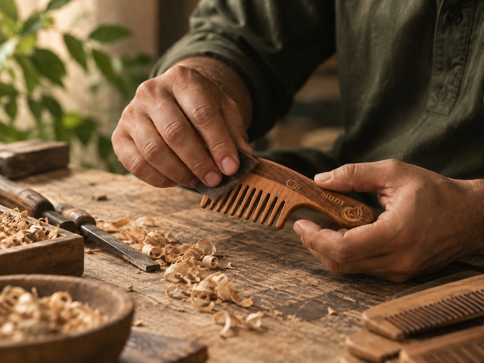 Olnim neem wooden comb being thoughtfully crafted