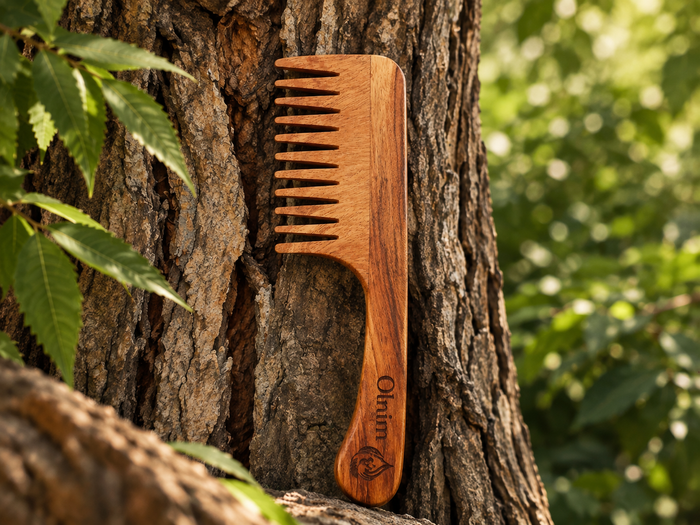 Olnim neem wooden comb in a natural outdoor setting